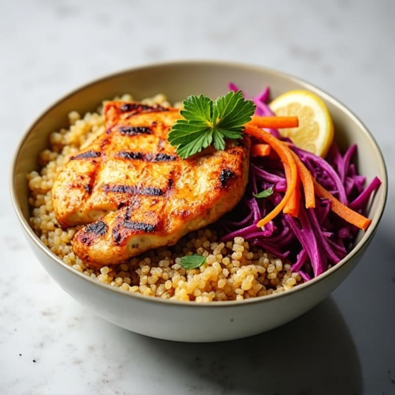 Grilled Chicken Breast and Quinoa Bowl with Crunchy Cabbage Slaw