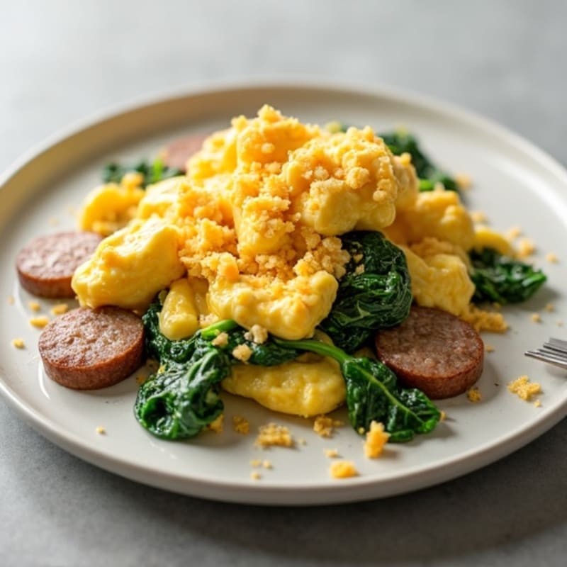 Creamy Scrambled Eggs with Turkey Sausage and Sautéed Spinach
