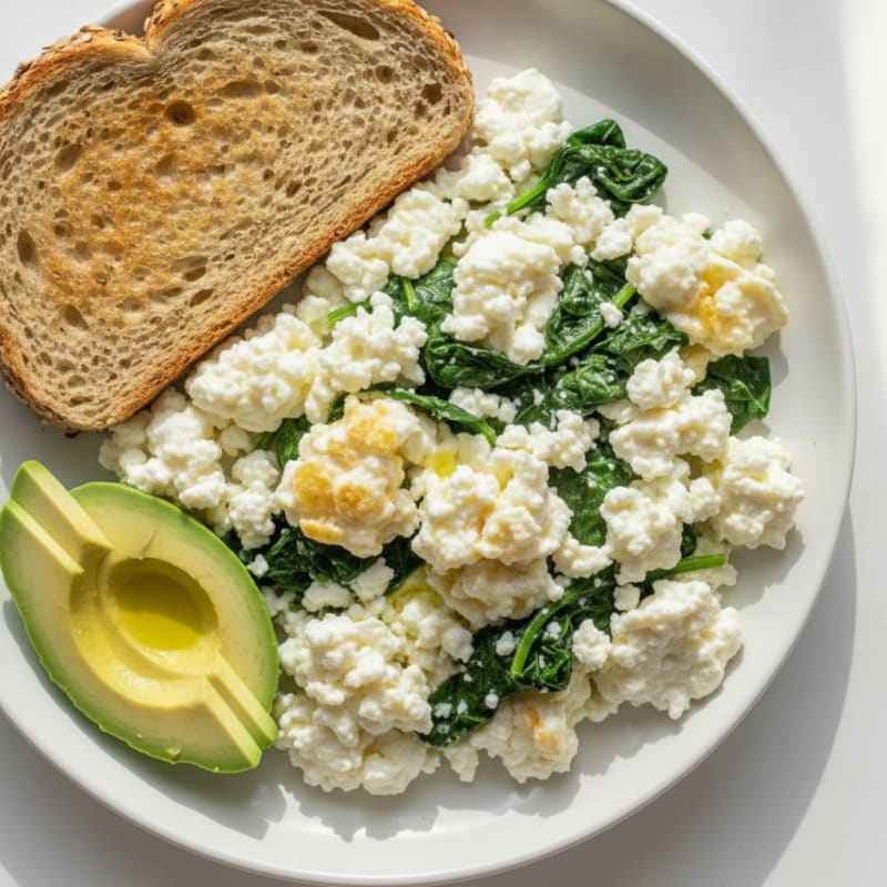 Cottage Cheese and Egg White Scramble with Sautéed Spinach