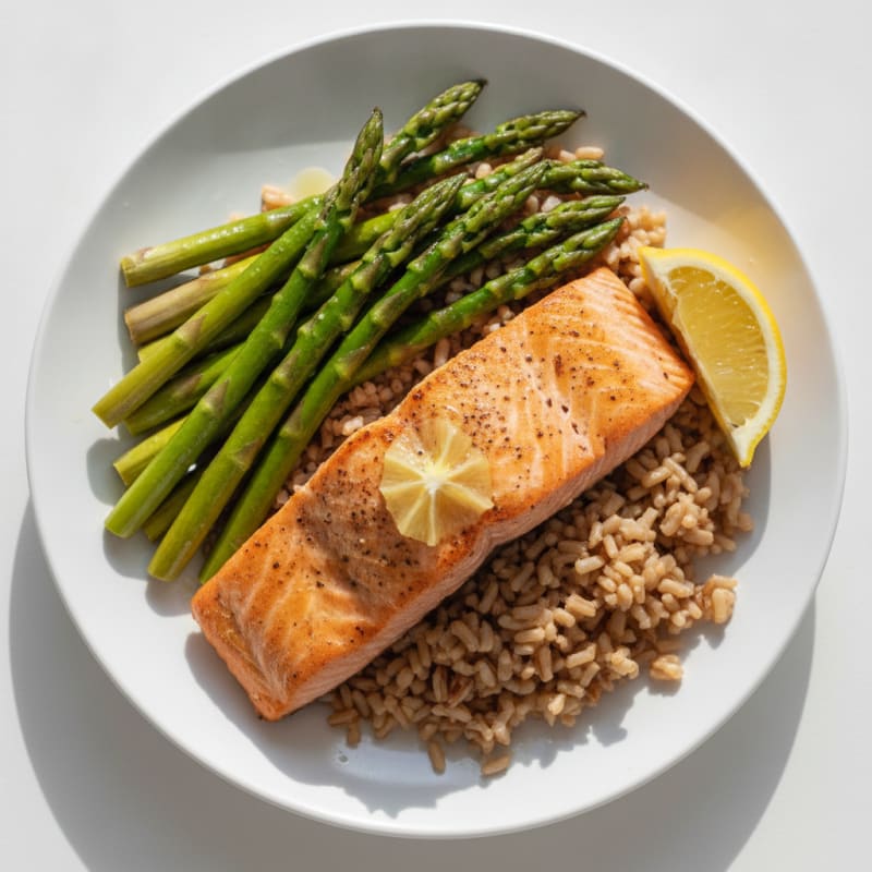 Seared Salmon with Steamed Asparagus and Brown Rice