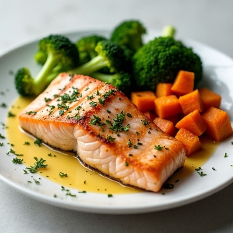 Seared Salmon with Roasted Sweet Potato and Steamed Broccoli