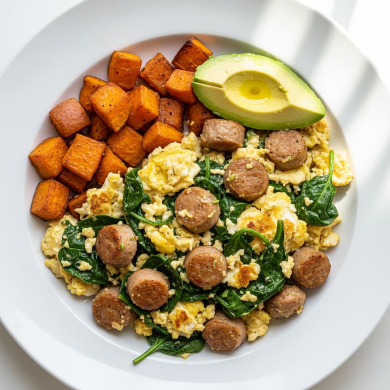 Crispy Egg White and Turkey Sausage Scramble with Spinach