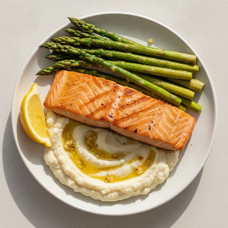 Seared Salmon with Steamed Asparagus and Cauliflower Mash