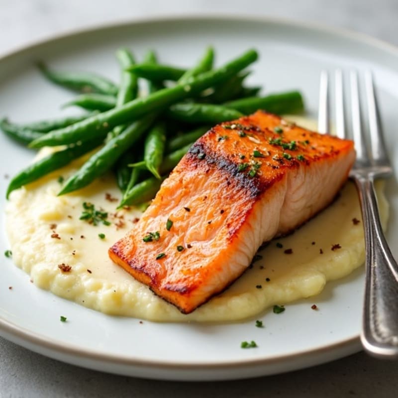 Seared Salmon with Garlic Green Beans and Cauliflower Mash