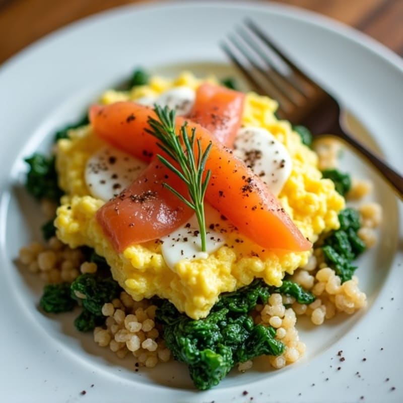 Scrambled Eggs with Spinach, Quinoa, and Smoked Salmon