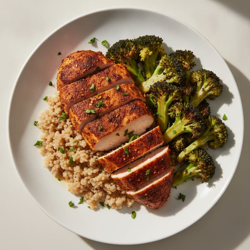 Spicy Chicken Breast with Roasted Broccoli and Quinoa