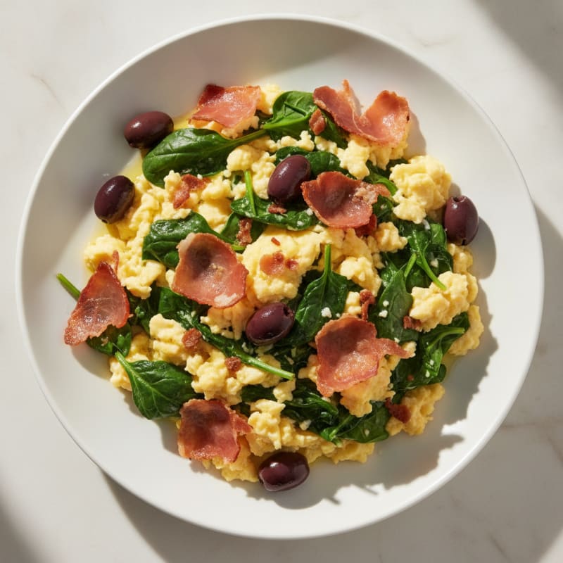 Scrambled Eggs with Crispy Prosciutto and Sautéed Spinach
