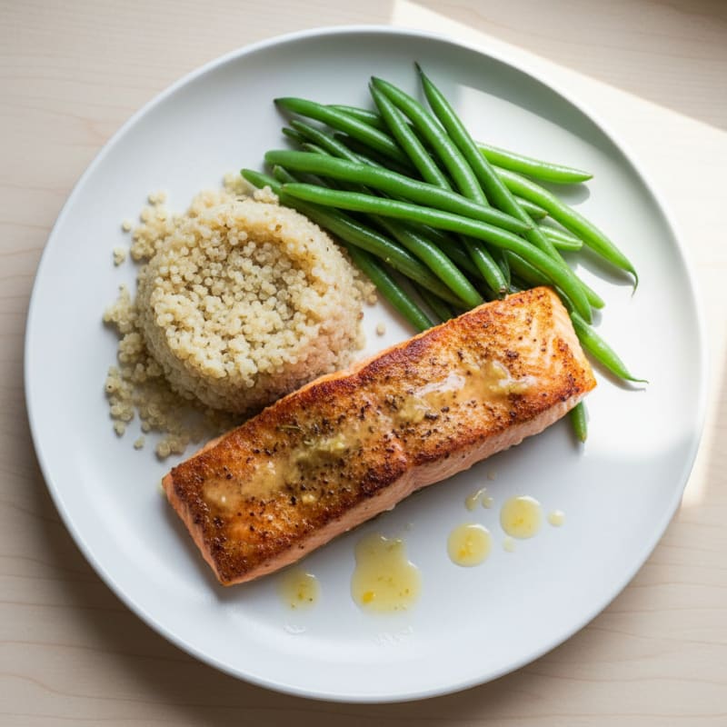 Seared Salmon Filet with Steamed Green Beans and Quinoa