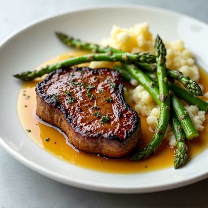 Seared Beef Steak with Roasted Asparagus and Cauliflower Mash