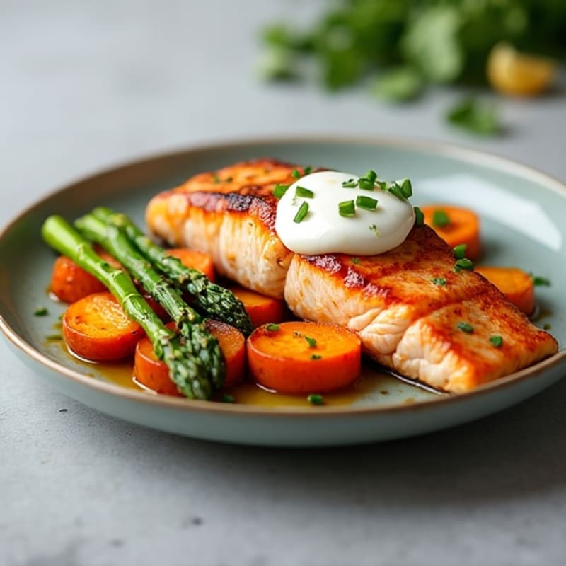 Seared Salmon Fillet with Roasted Sweet Potatoes and Asparagus