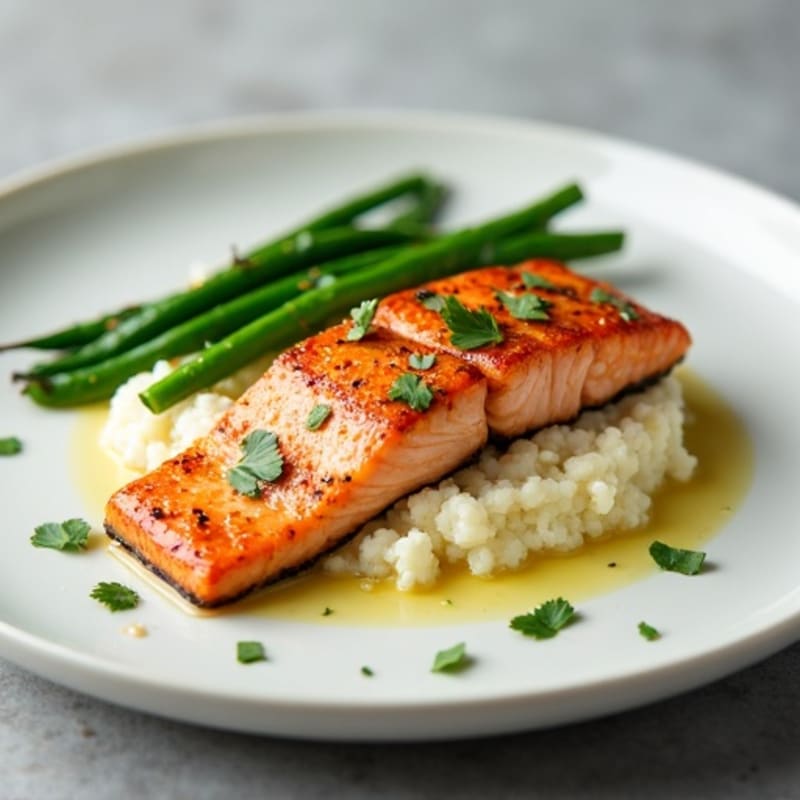 Seared Salmon Fillet with Garlic Green Beans and Cauliflower Mash