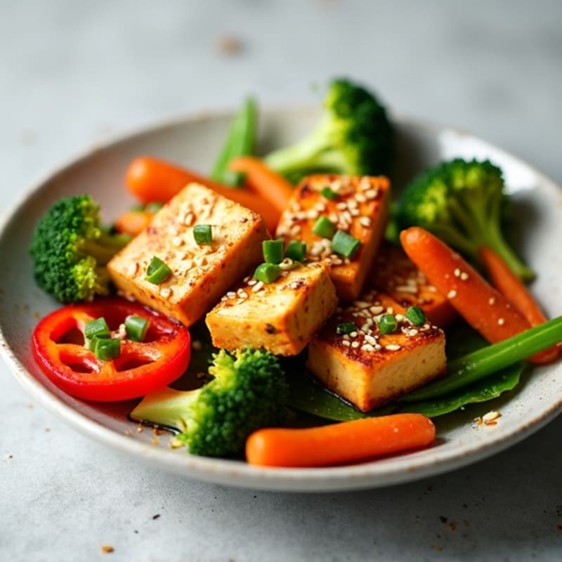 Crispy Sesame Ginger Tofu with Stir-Fried Vegetables