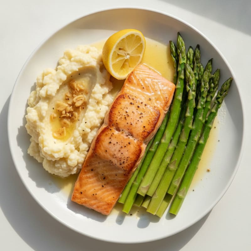 Seared Salmon with Steamed Asparagus and Garlic Mashed Cauliflower