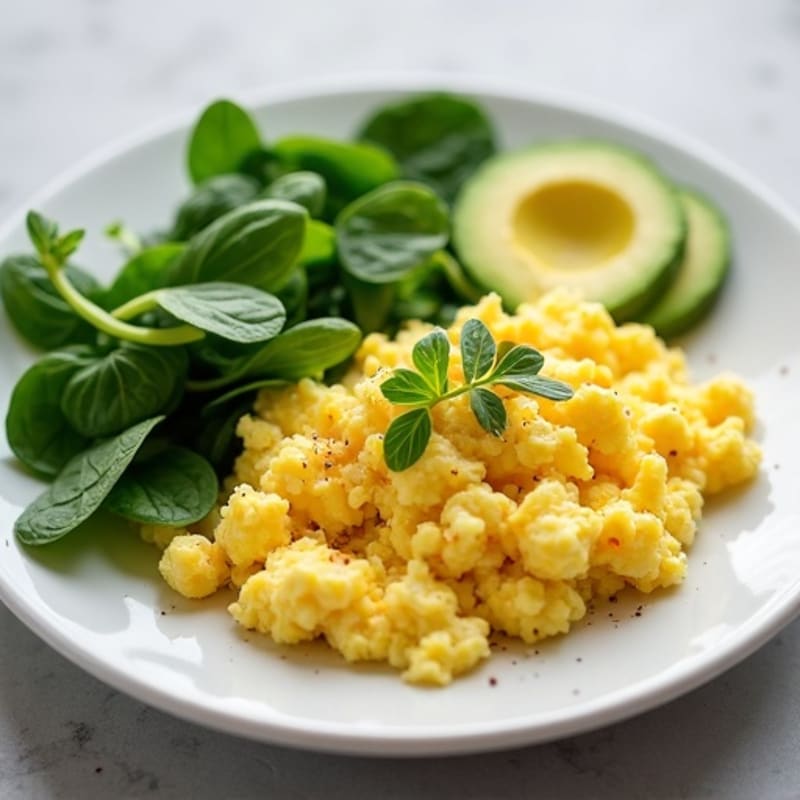 Fluffy Scrambled Eggs with Fresh Spinach and Sliced Avocado