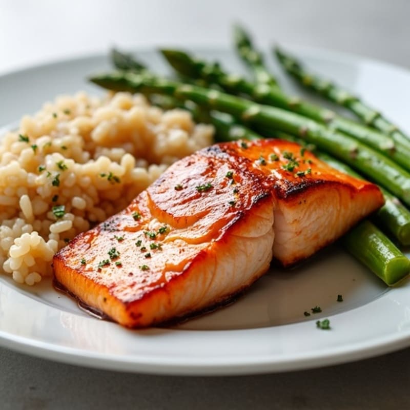 Seared Salmon with Steamed Asparagus and Brown Rice