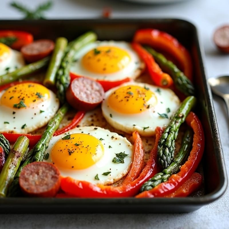 Sheet Pan Baked Eggs with Roasted Asparagus and Bell Peppers