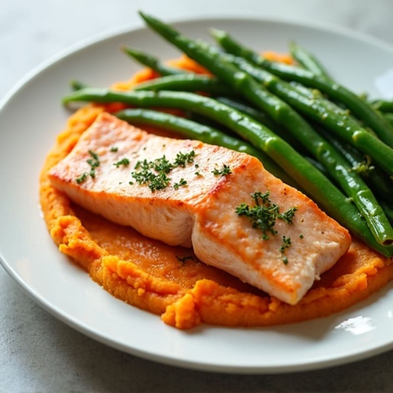 Seared Salmon with Steamed Green Beans and Sweet Potato Mash