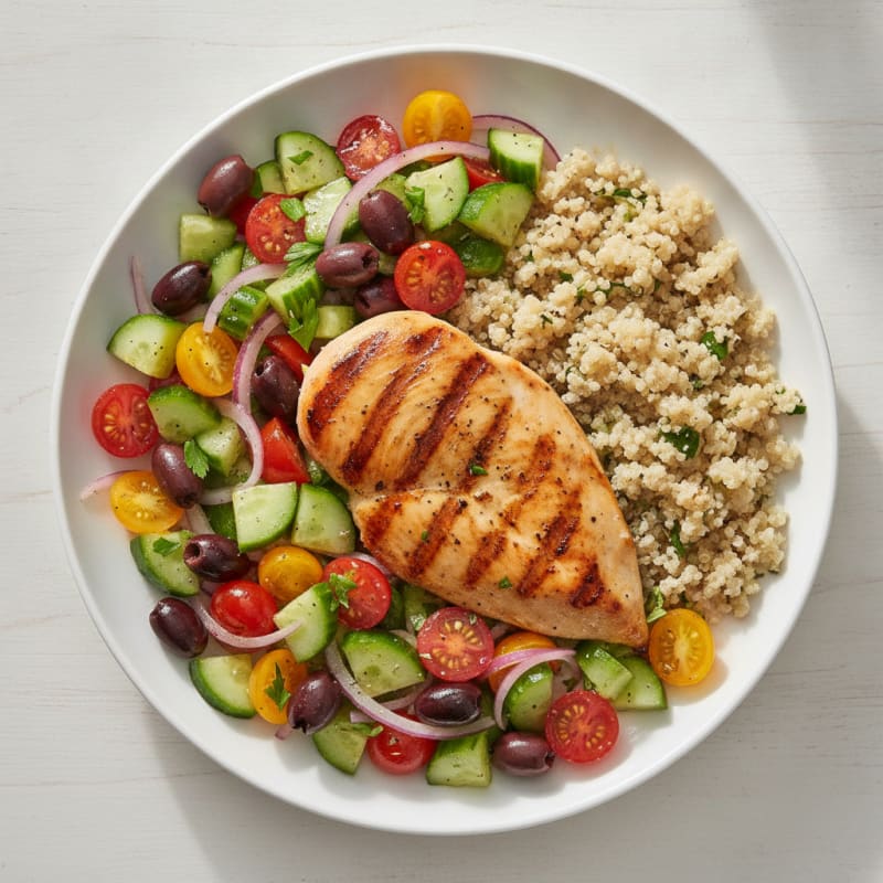Grilled Chicken Breast with Quinoa and Crunchy Cucumber-Tomato Salad