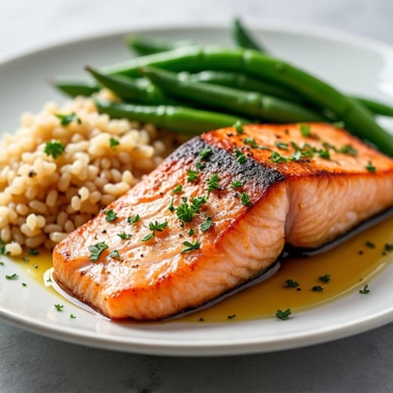 Seared Salmon with Garlic Green Beans and Brown Rice