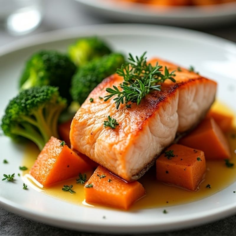Seared Salmon Fillet with Roasted Sweet Potato and Steamed Broccoli