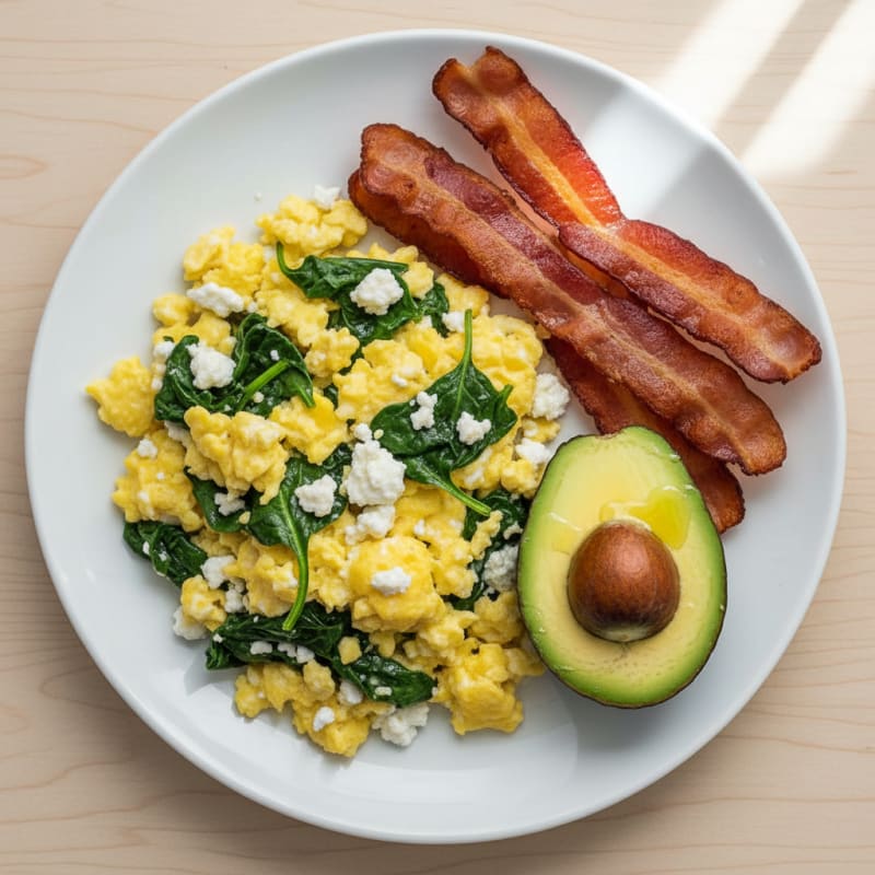 Cottage Cheese Scramble with Spinach and Turkey Bacon