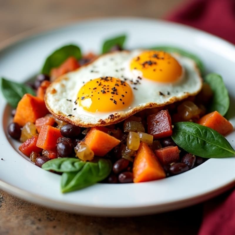 Savory Black Bean and Sweet Potato Hash with Sunny-Side Up Eggs