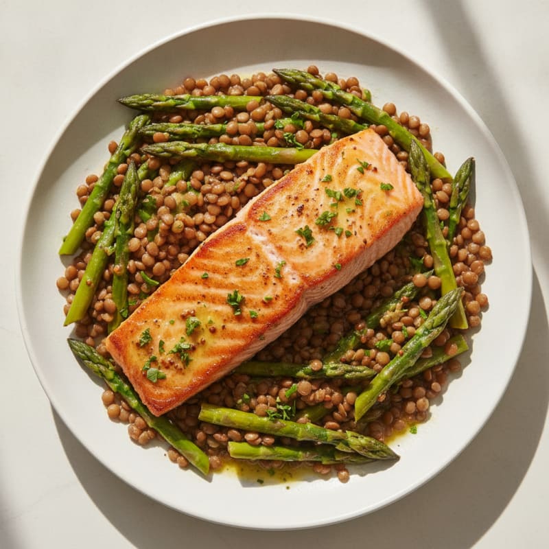 Seared Salmon with Lentil and Asparagus Salad