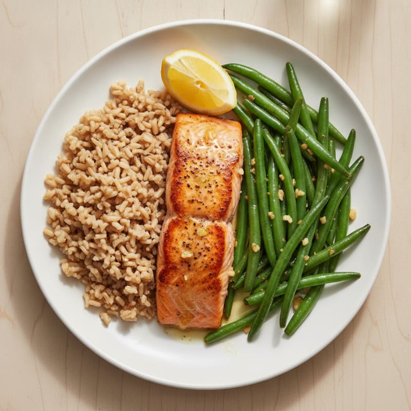 Seared Salmon with Garlic Green Beans and Brown Rice