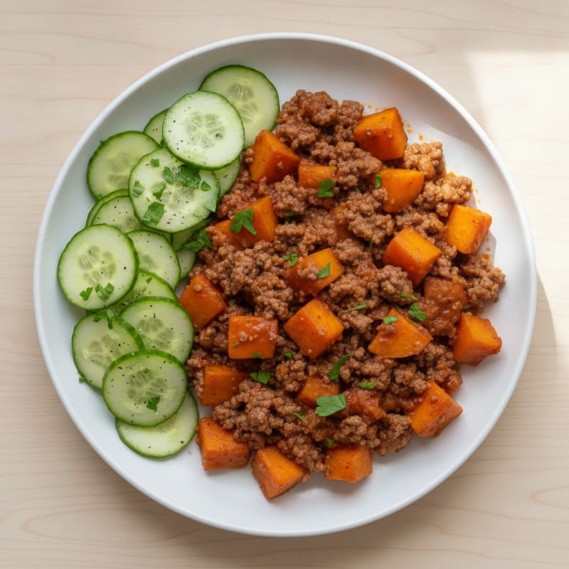 Ground Beef and Sweet Potato Skillet in Tomato Sauce