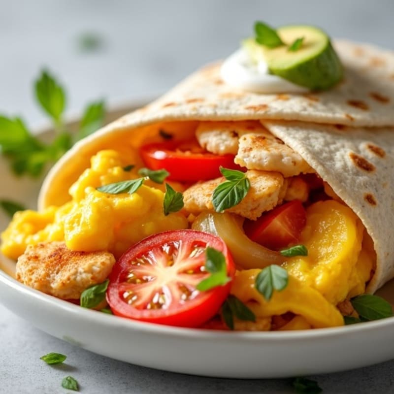 Scrambled Egg and Chicken Breakfast Wrap with Sautéed Onions and Tomatoes