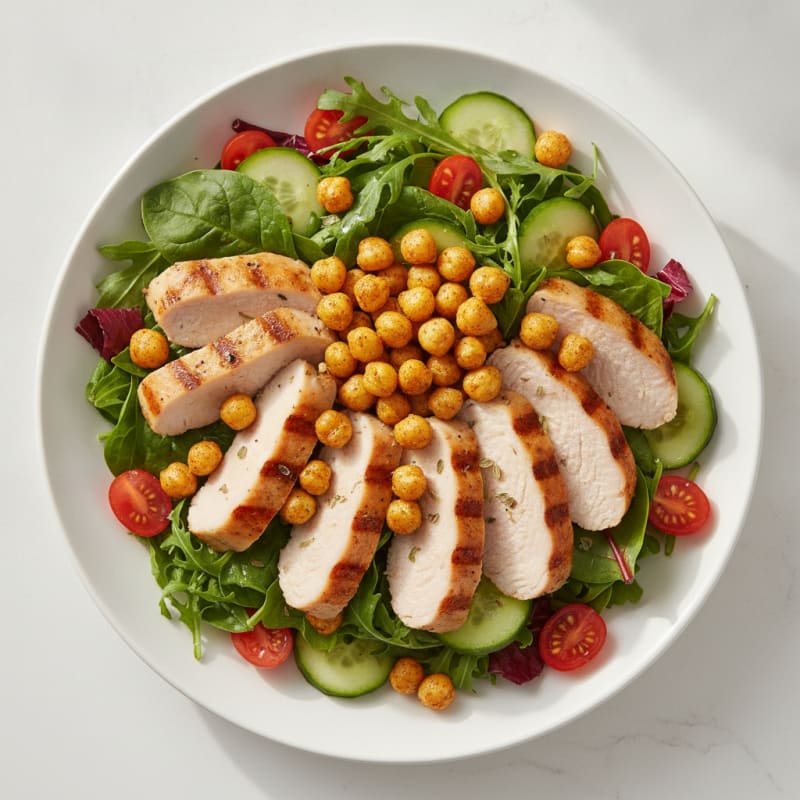 Grilled Turkey Breast Salad with Crunchy Chickpeas and Baby Greens