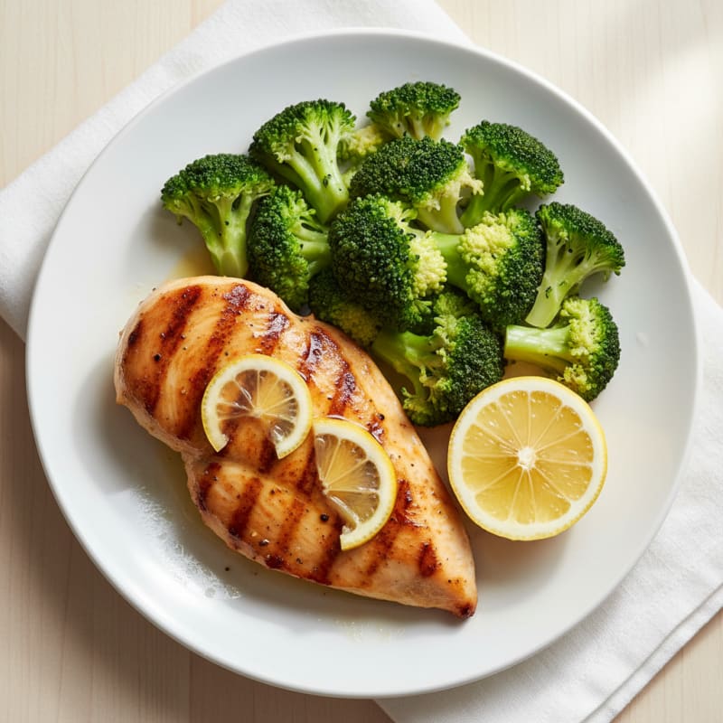 Grilled Chicken Breast with Steamed Broccoli and Lemon
