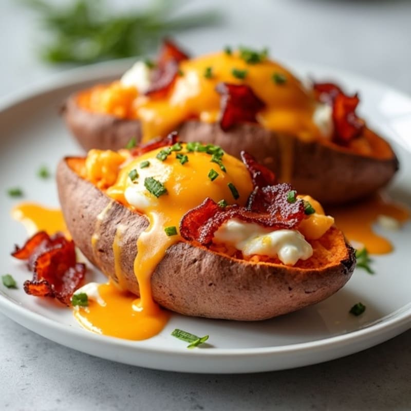 Roasted Sweet Potatoes Stuffed with Crispy Bacon, Creamy Cheddar, and Fresh Chives