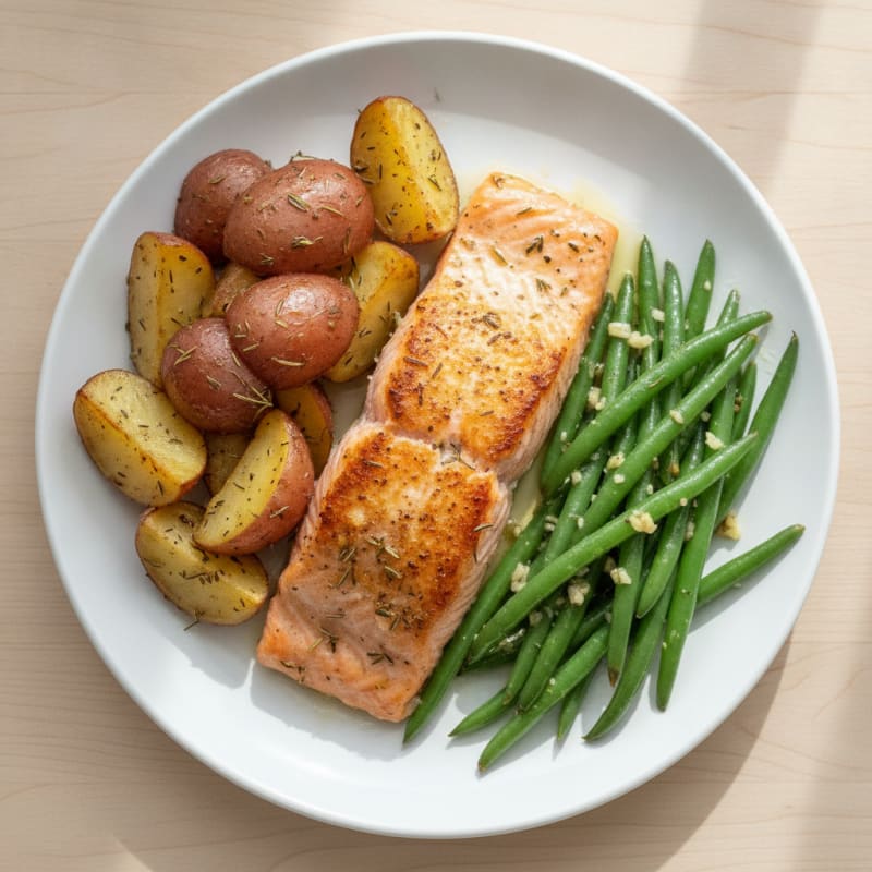 Baked Salmon with Garlic Green Beans and Herb Potatoes