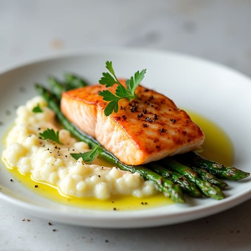 Seared Salmon with Steamed Asparagus and Cauliflower Mash