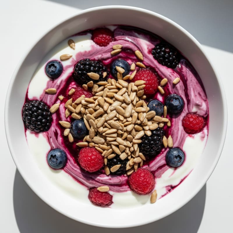 Silky Greek Yogurt with Mixed Berries and Sunflower Seeds