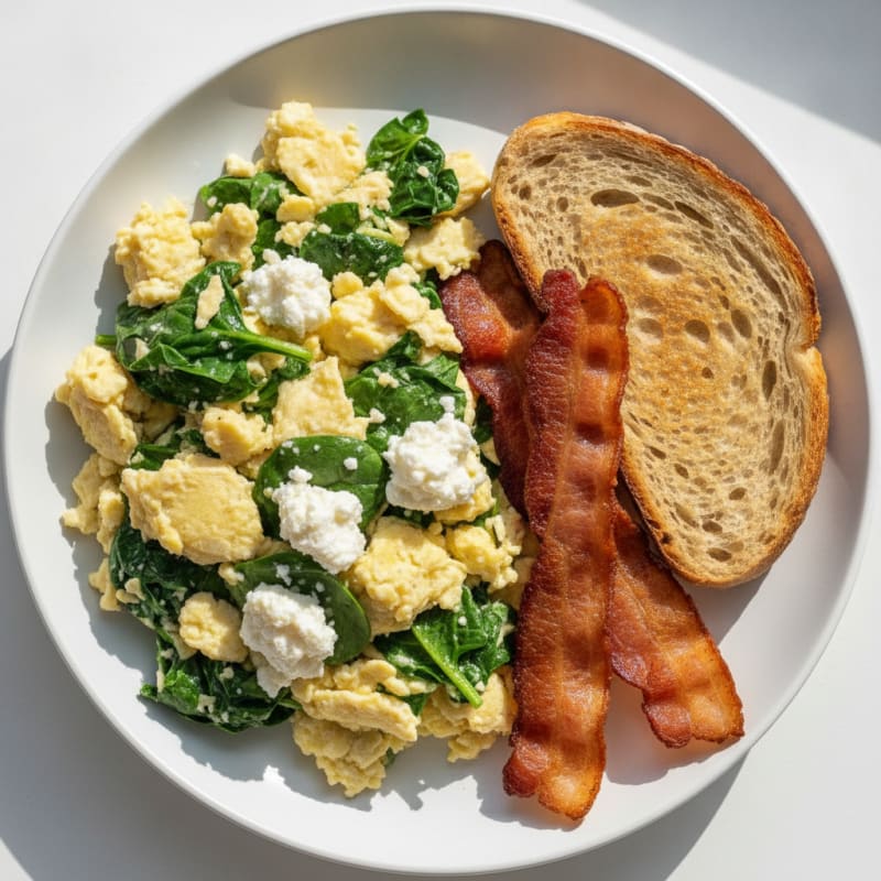 Egg White Spinach Scramble with Cottage Cheese and Turkey Bacon