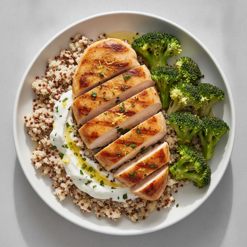 Grilled Chicken Breast with Creamy Quinoa and Steamed Broccoli