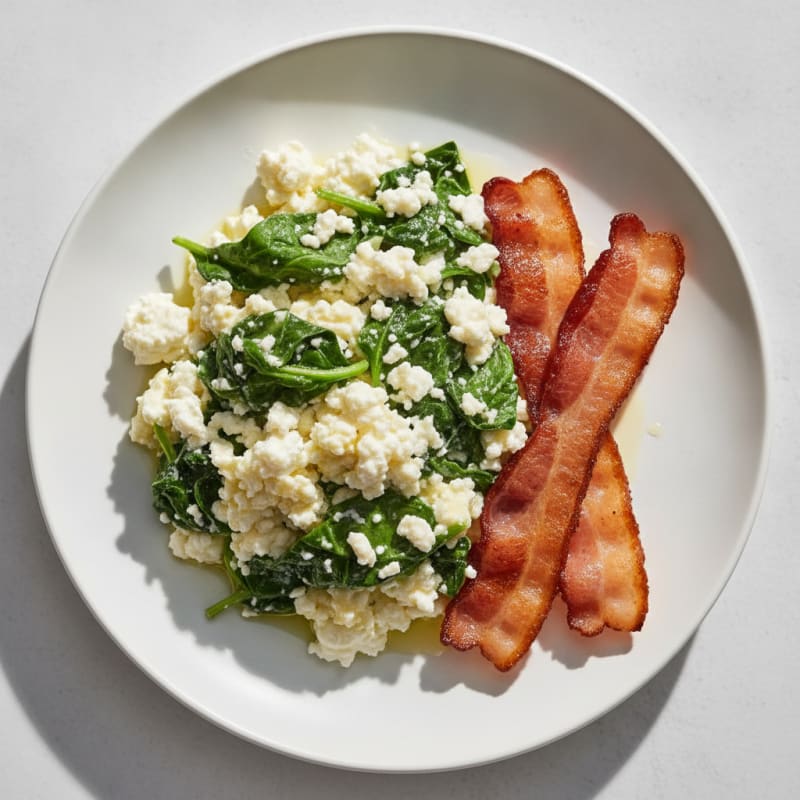 Cottage Cheese Egg White Scramble with Spinach and Turkey Bacon
