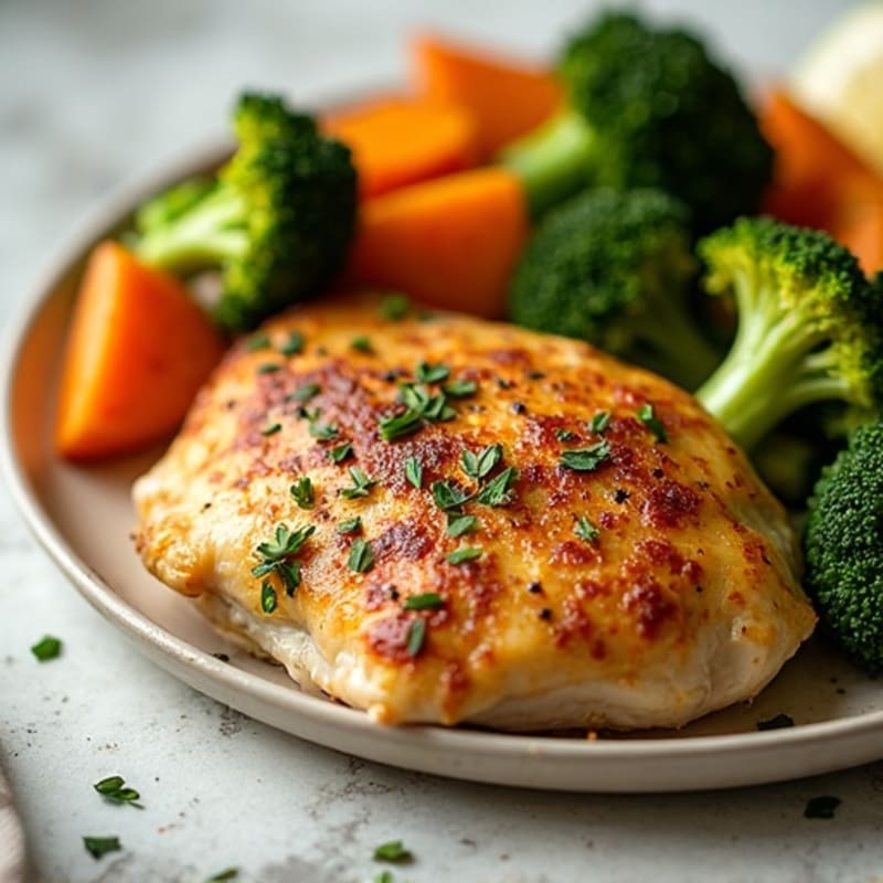 Sheet Pan Lemon Herb Roasted Chicken and Crispy Sweet Potatoes with Broccoli