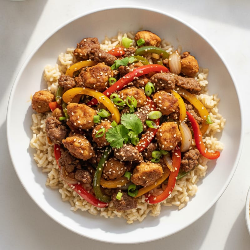 Ground Turkey and Beef Stir Fry with Bell Peppers and Brown Rice