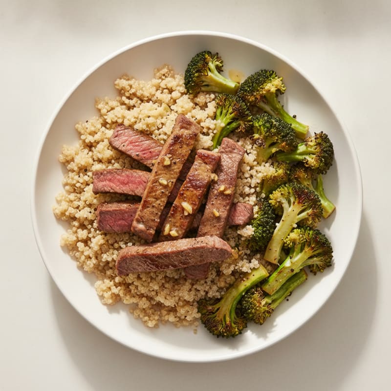 Seared Lean Beef Strips with Roasted Broccoli and Quinoa