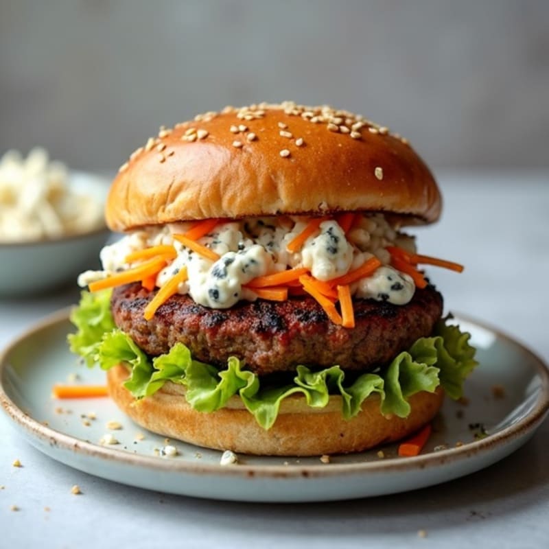Lean Grilled Buffalo Beef Burgers with Creamy Blue Cheese Slaw