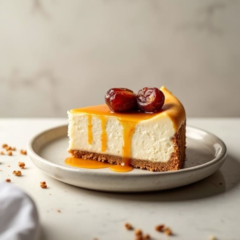 Greek Yogurt Vanilla Bean Cheesecake with Date Caramel Drizzle