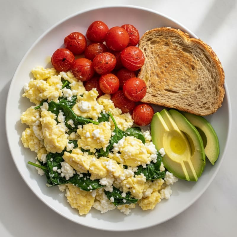 Cottage Cheese Egg Scramble with Spinach and Cherry Tomatoes