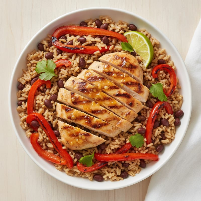 Grilled Citrus-Garlic Chicken Bowl with Brown Rice and Charred Peppers