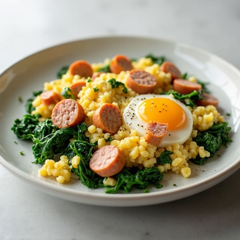 Egg White and Turkey Sausage Scramble with Sautéed Spinach