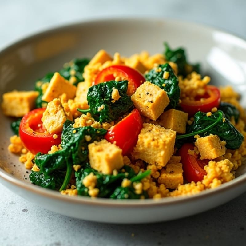 High-Protein Tofu Scramble with Sautéed Spinach and Bell Peppers