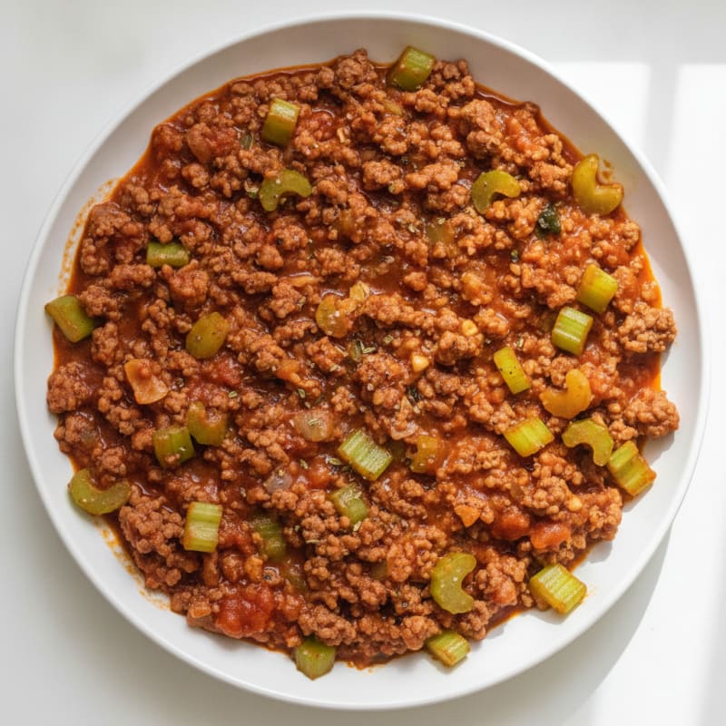 Ground Beef and Celery Skillet with Tomato Sauce