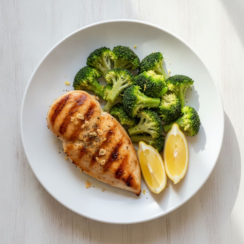 Grilled Chicken Breast with Steamed Broccoli and Lemon